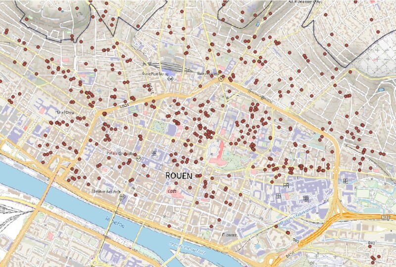 Représentation cartographique des bâtiments en brique enduite sur la Métropole Rouen Normandie (zoom sur le centre ancien sur lequel la donnée est plus fiable)